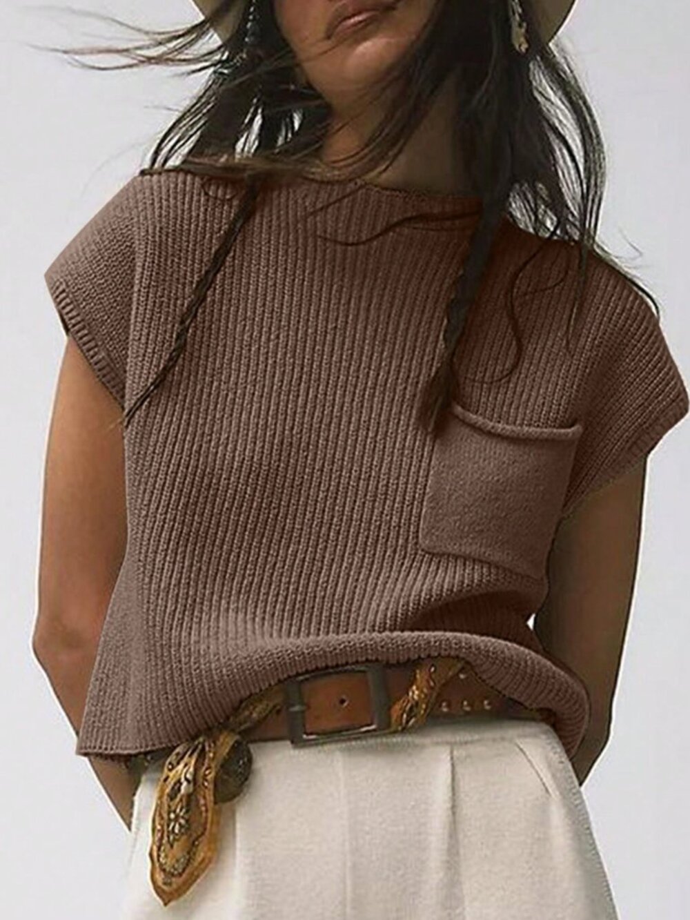 Khaki Casual Women's Cap Sleeve Pocket Knit Top - Picture 7 of 7